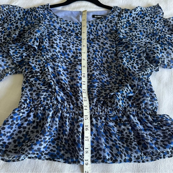 Express Leopard Animal Print Tiered Ruffle Peplum Womens Blue Top M Boho Chiffon - Picture 8 of 12